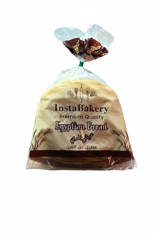 Packaged Egyptian bread from InstaBakery on a white background